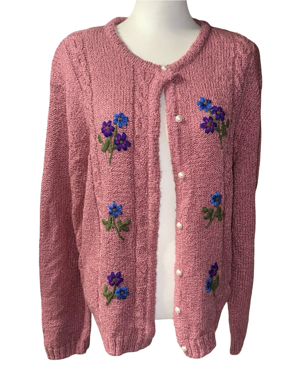 Vintage Baxter Wells Pink Floral Embroidered Button Front Cardigan Women's XL